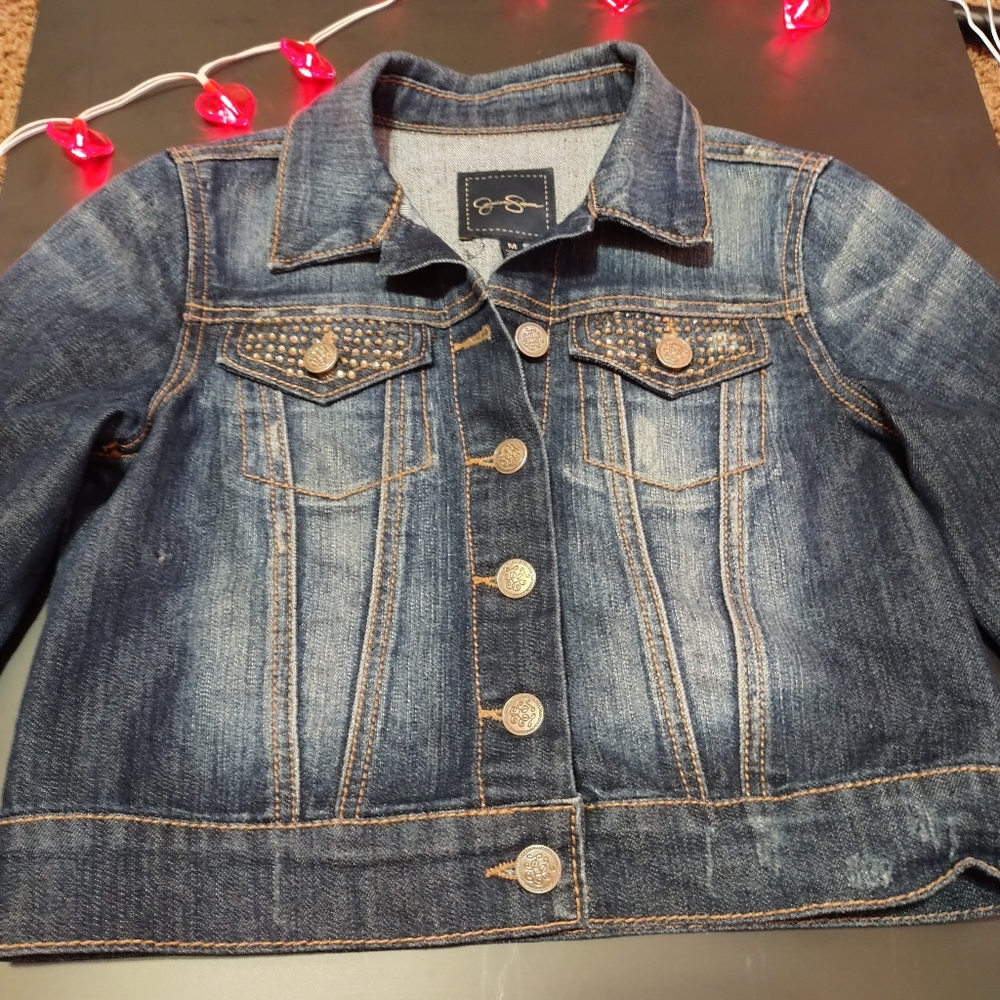 Jessica Simpson, Medium cropped jean jacket, bedazzled pockets